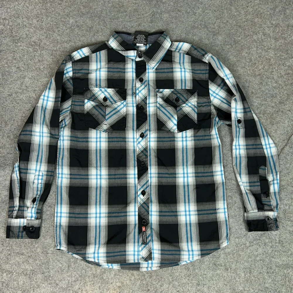 Southpole Shirt Boys Medium Black Gray Blue Plaid Long Sleeve Western Button Up